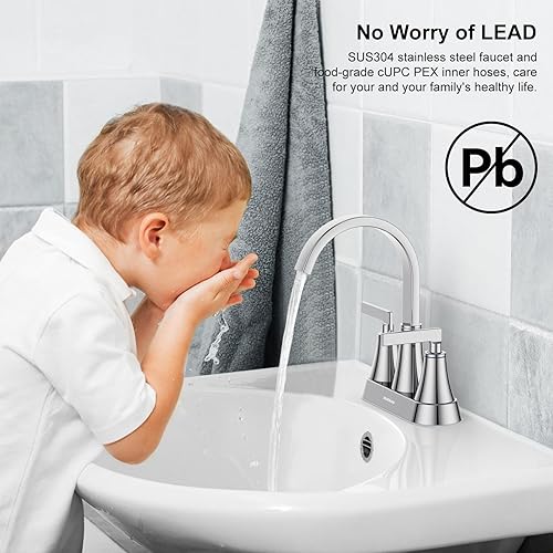 Miniatura 7 de Hurran - Grifo para lavabo de baño, cromado de 4 pulgadas, 3 agujeros con drenaje emergente y líneas de suministro, grifo de cascada giratorio de