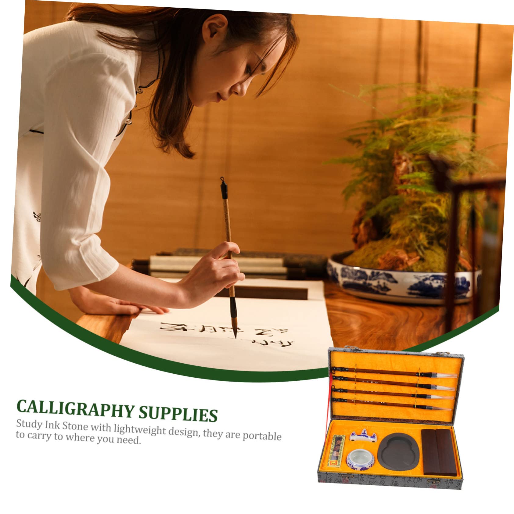 jojofuny Set de Pinceaux D'écriture Chinois pour Calligraphie Pierre à Encre et Bâton D'encre, Bois Portable, Résistant la Déformation, pour Étudiants en Pratique Artistique