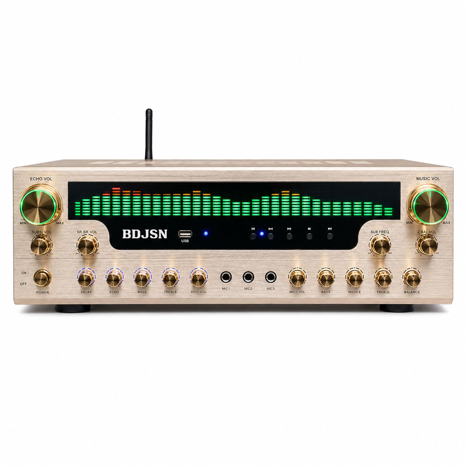 Amplificador De Audio Doméstico 2500w, Receptor Estéreo 7.1 Canales con Pantalla De Espectro, Bluetooth, Reproducción USB, Entradas óptica/coaxial/aux/RCA, Múltiples Tomas De Micro, Mando A