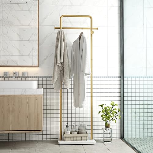 Miniatura 5 de TIEOU Perchero dorado con estante, perchero dorado para boutiques, perchero de ropa independiente para colgar ropa, perchero dorado, pequeño estante