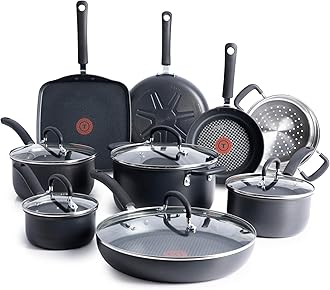 T-fal Ultimate Hard Anodized Nonstick Cookware Set 14 Piece, Oven Broiler Safe 400F, Lid Safe 350F, Kitchen Cooking Set w/Fry Pans, Saucepans, Griddle, Dutch Oven, Pots & Pans, Dishwasher Safe, Black