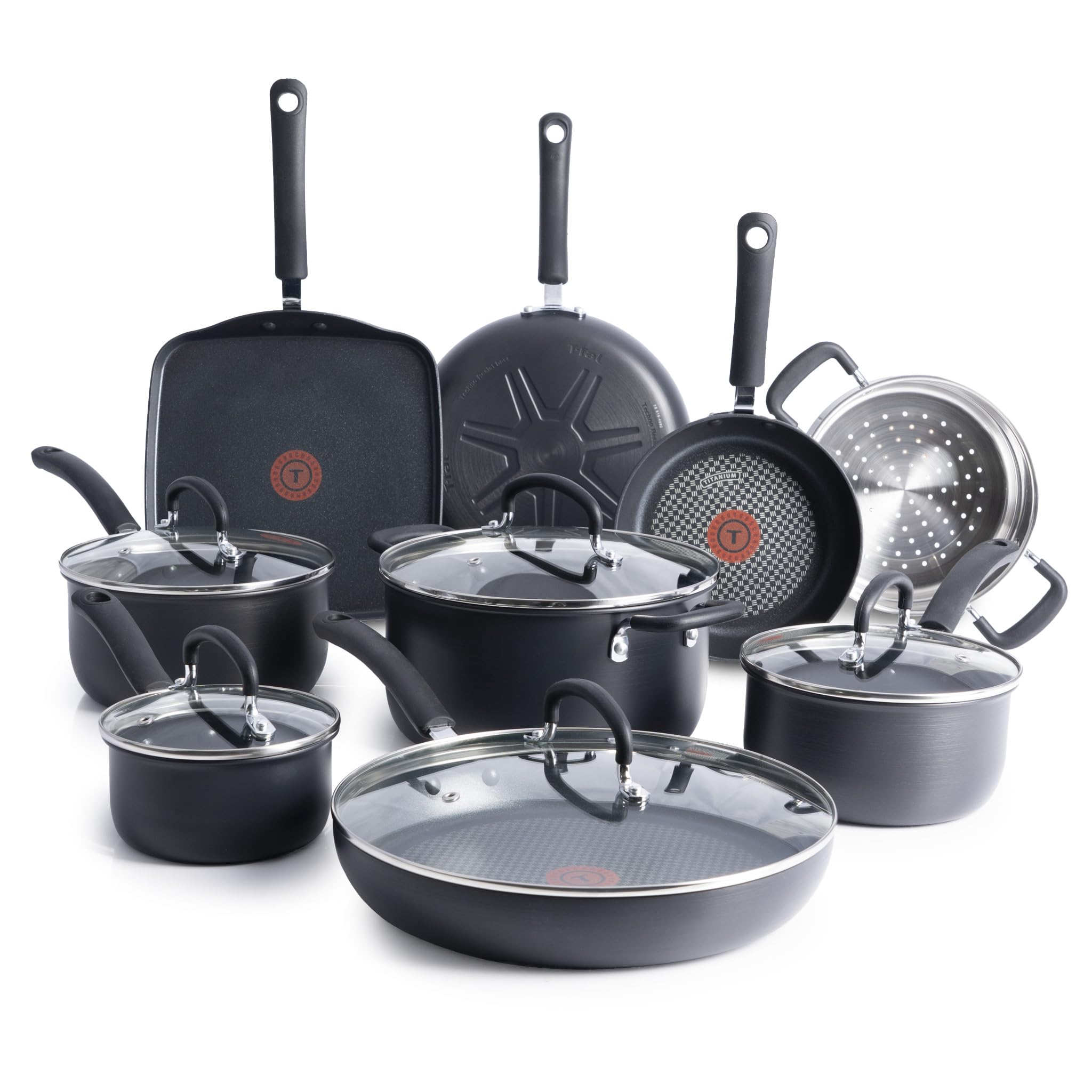 T-fal Ultimate Hard Anodized Nonstick Cookware Set 14 Piece, Oven Broiler Safe 400F, Lid Safe 350F, Kitchen Cooking Set w/Fry Pans, Saucepans, Griddle, Dutch Oven, Pots & Pans, Dishwasher Safe, BlackT-fal Ultimate Hard Anodized Nonstick Cookw…