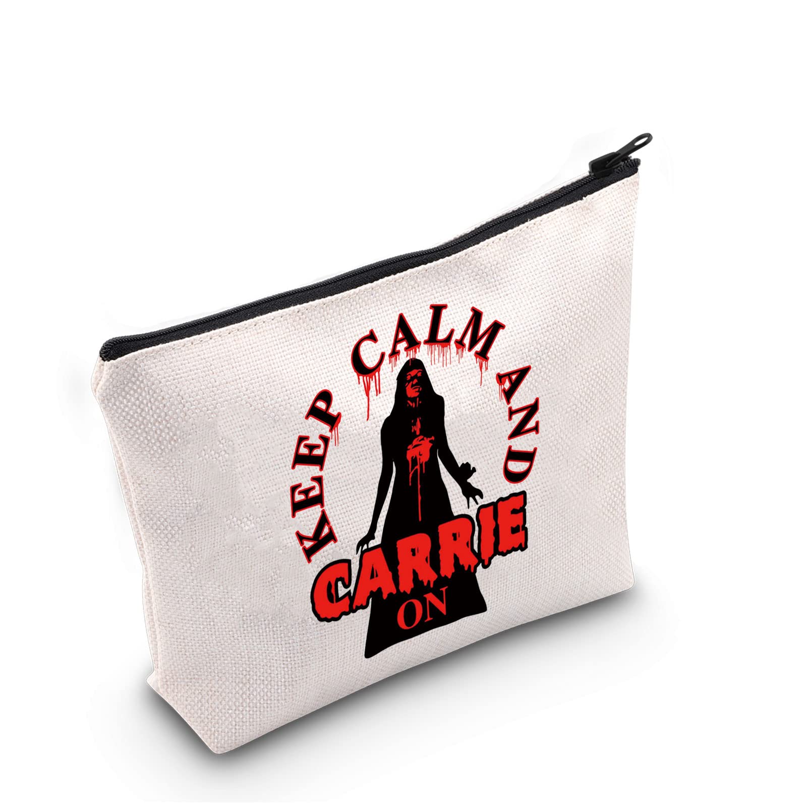 G2TUPCarrie Horror Movie Inspired Gift Keep Calm And Carrie On Makeup Bag Carrie Fan Cosmetic Bag Halloween Movie Gift Zipper Travel Bag, Keep Calm And Carrie On White Bag