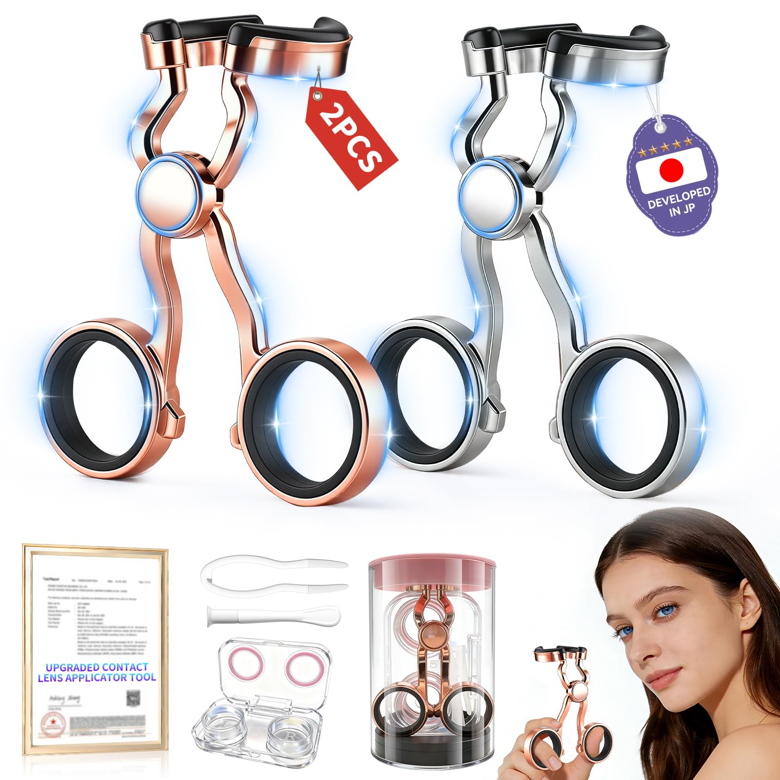 2 Sets Contact Lens Applicator Tool Kits, Rose Gold+Black, 3-Step Easy Wear