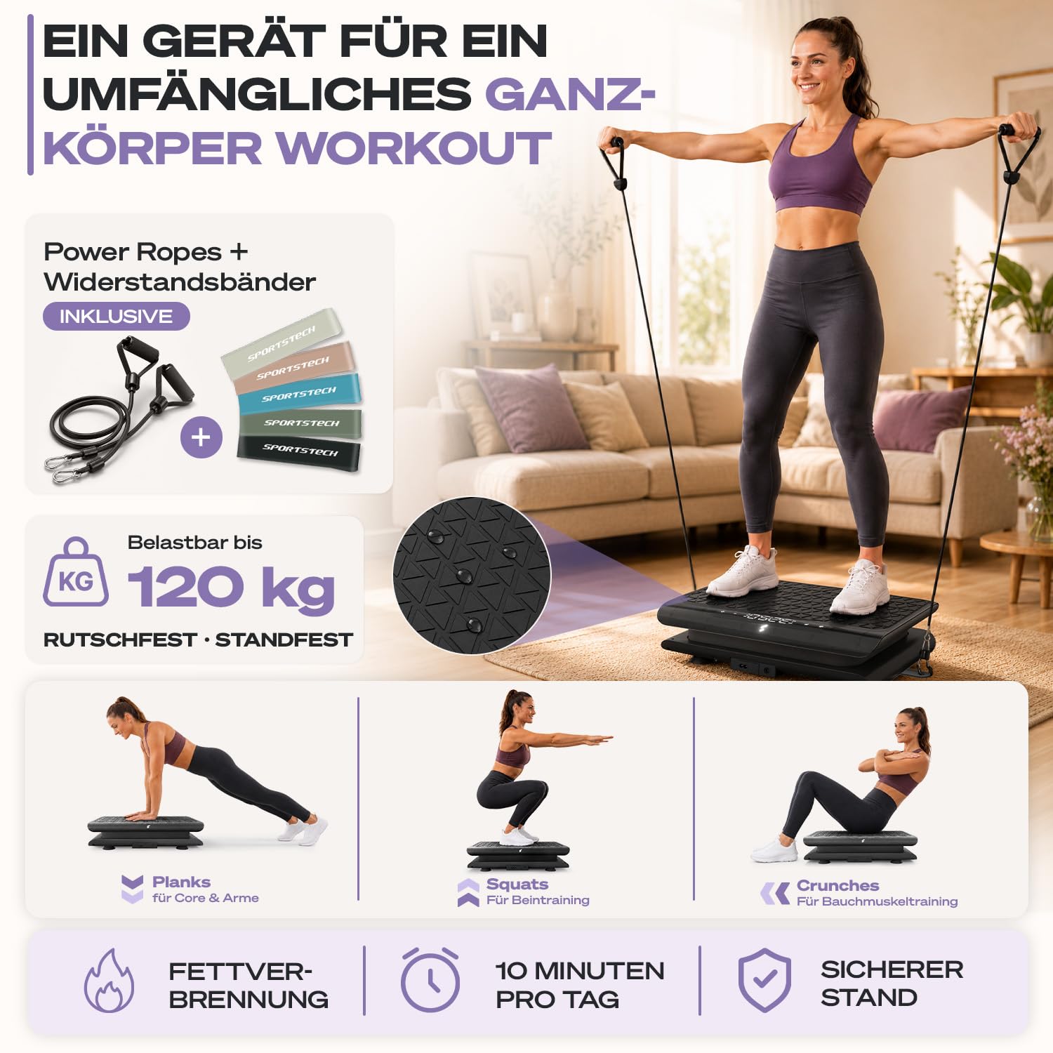 Sportstech Vibrationsplatte für Zuhause | Abnehmen, Fettverbrennung & Muskelaufbau | Oszillation, 99 Intensitätsstufen, Bluetooth-Fernbedienung | leiser Motor bis 120 kg | Trainingsbänder | sVibe Lite