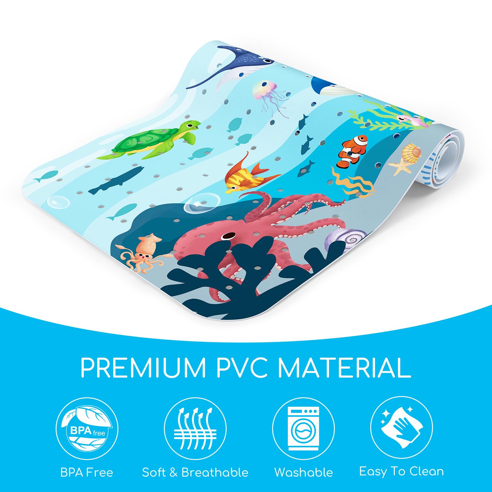 Tapis de Bain Antiderapant Baignoire Bebe 100x40 cm, Extra Tapis Salle de Bain Antidérapant pour Enfants et Bébé avec 200 Ventouse Matériel de PVC, sans BPA et Lavable en Machine - Baleine