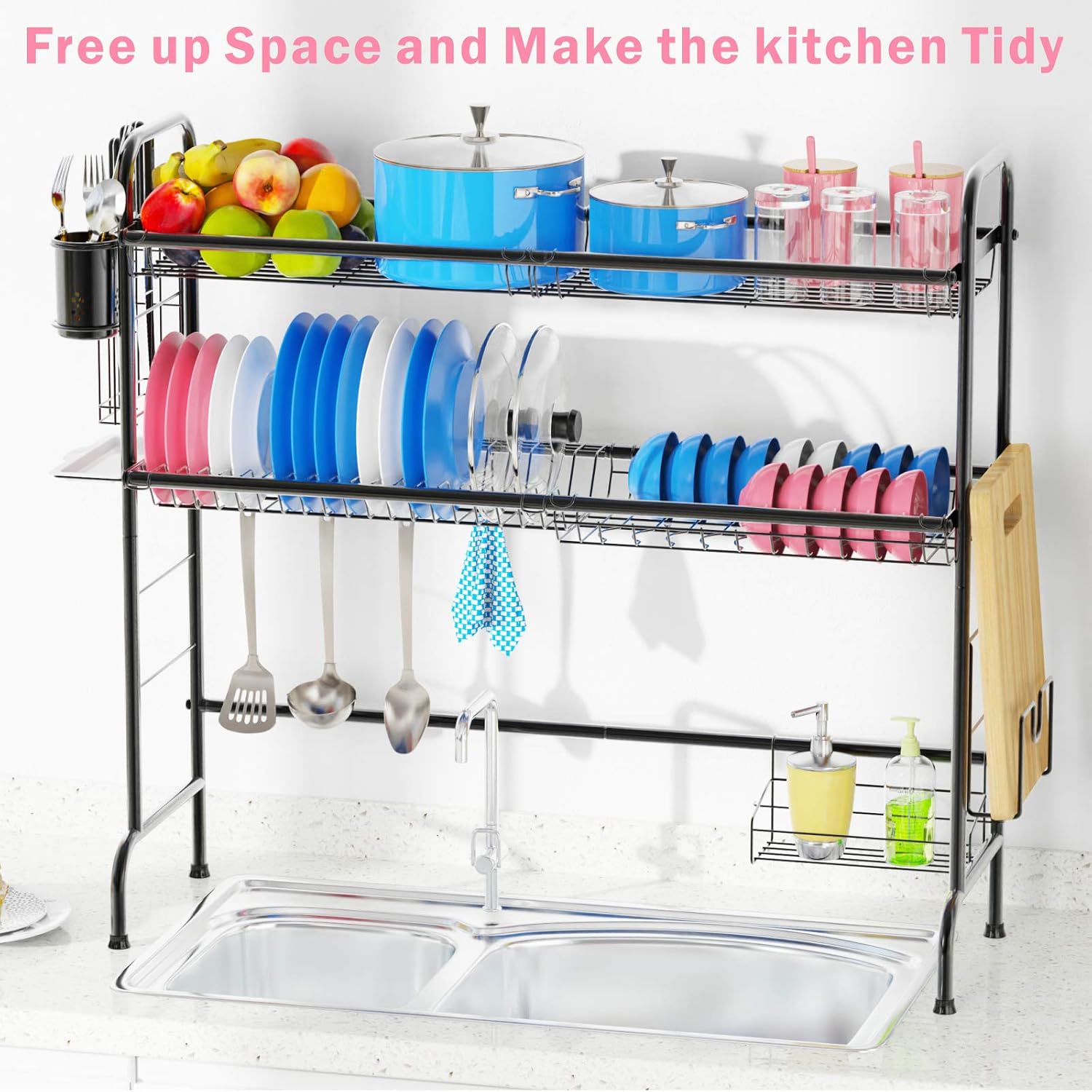 iSPECLE Over The Sink Dish Drying Rack Stainless Steel 2 Tier Dish Rack Large Above Sink Drying Rack Kitchen Sink Shelf, Black