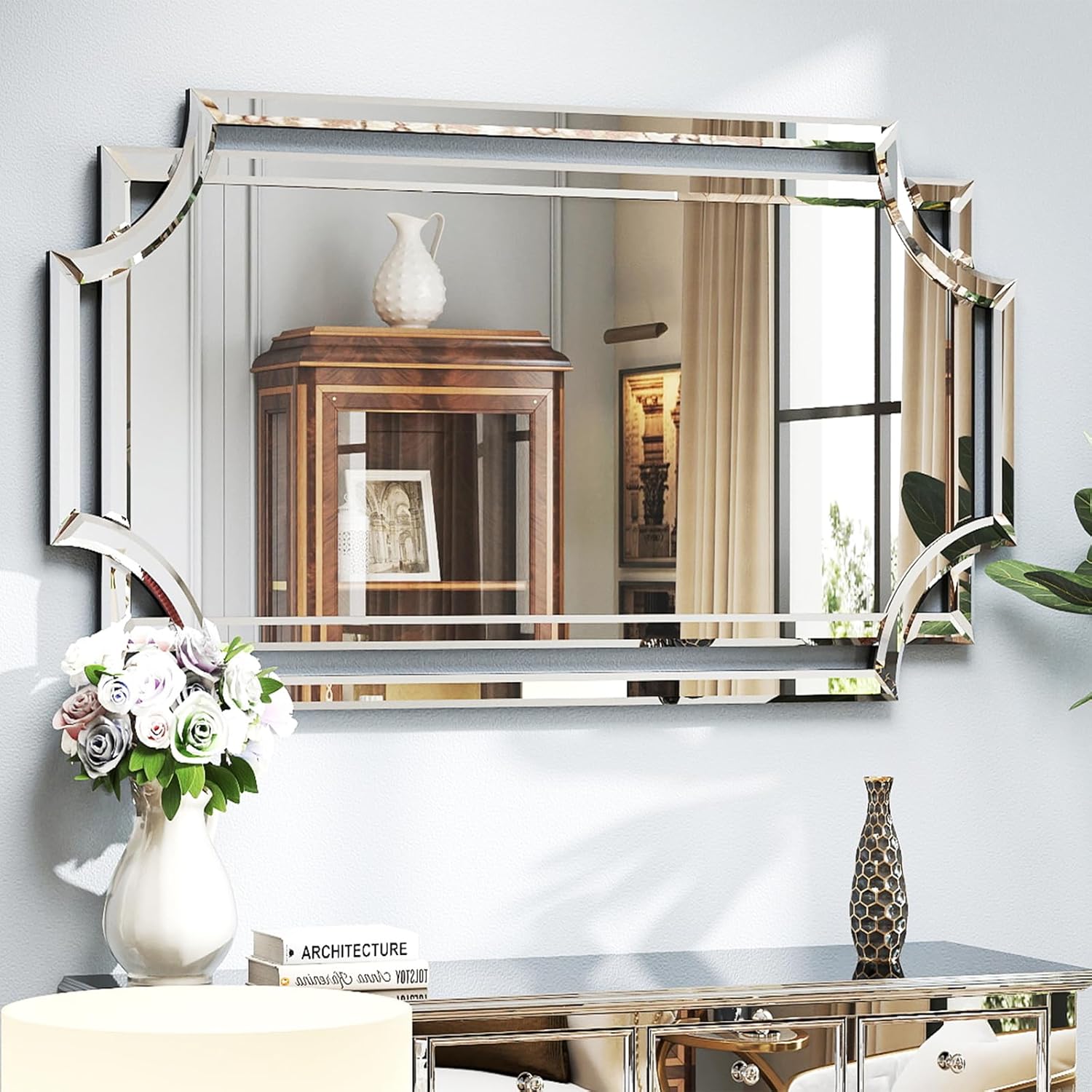Chende 32" x 47" Living Room Wall Mirror for Decor, Modern Large Decorative Mirror with Beveled Glass Scalloped Corner, Horizontal or Vertical Hanging for Decor Entryway, Dining Room, Bathroom 47"L x 32"W
