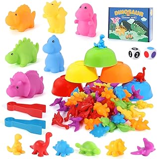 Anby families Montessori Counting Toys,64 Pcs Counting Dinosaurs with Bowls Dices and Tweezers,Montessori Sorting Toys Math Skills Game Educational Toys Gifts for 3 4 5 Years Old Boys Girls
