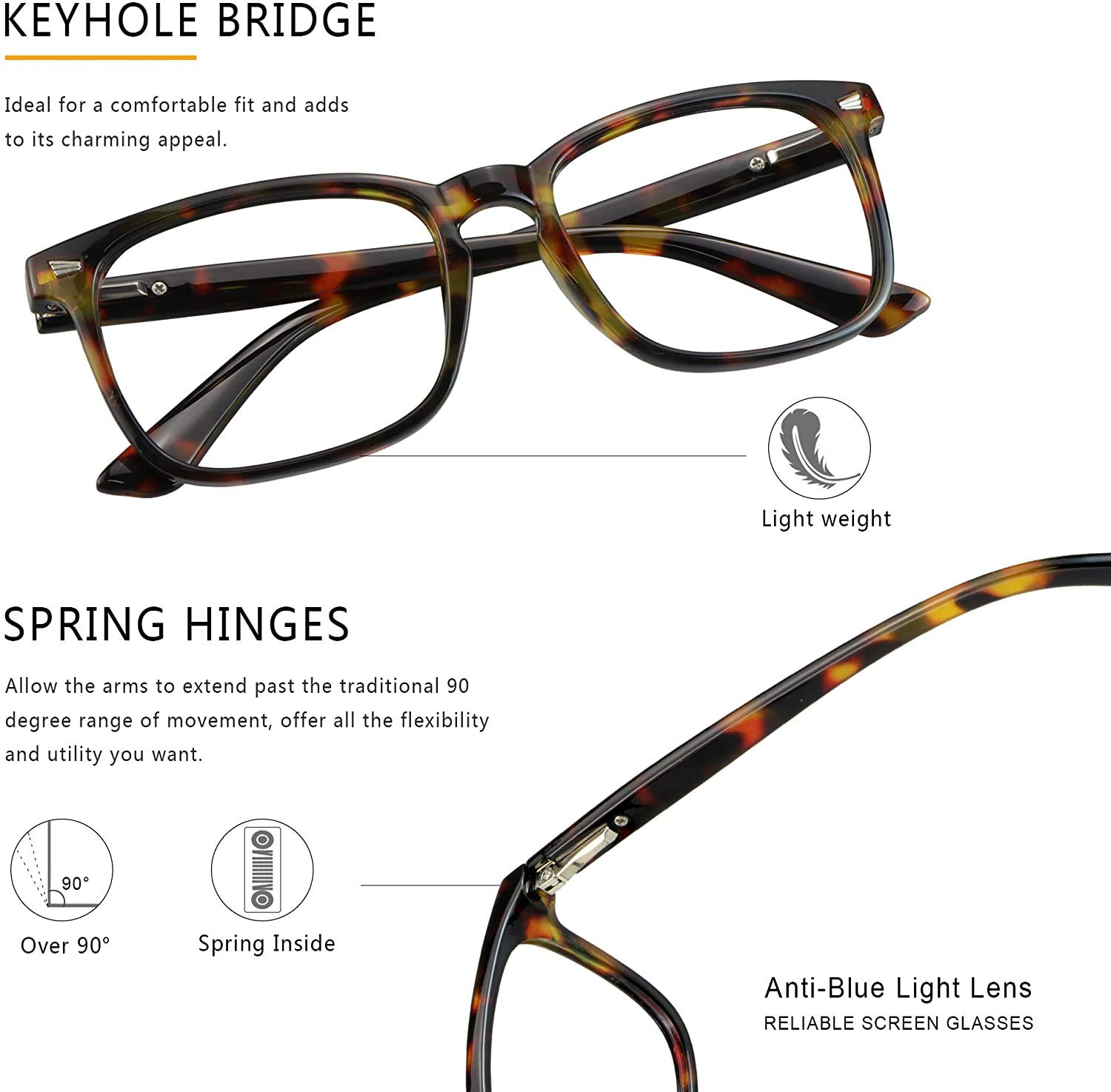 LAMBBAA Vintage Square Progressive Multifocal Presbyopic Glasses, Anti-Blue Light Glasses for Men Women Readers (Amber +0.00/+1.50 Magnification)