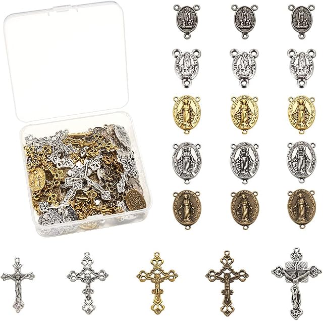 Craftdady 70pcs Tibetan Mixed Crosses Crucifix Pendants Virgin Mary Religious Charms for Jewelry Necklace Making, Hole: 1.5-2mm