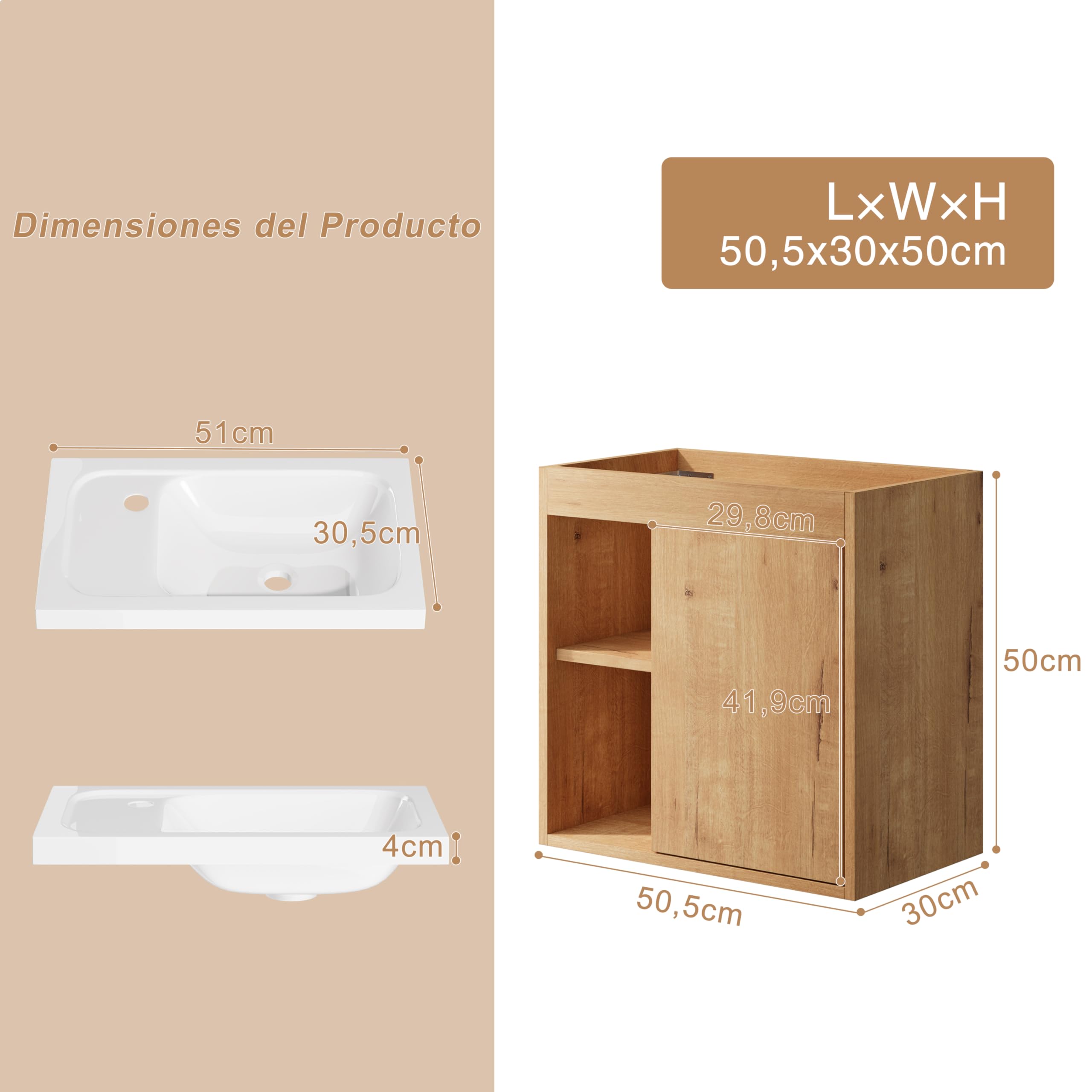 UEV Mueble de Baño con Lavabo de Resina, Mueble de Baño Suspendido con Diseño Único y Practicidad, Modelo de Madera Natural, 50,5 x 30 x 50 cm, Natural