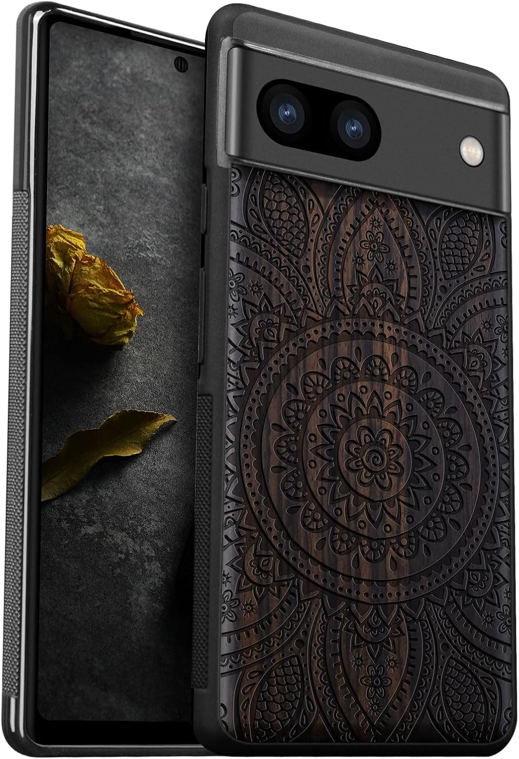 Carveit Wood Case for Pixel 8a Case [Natural Wood & Black Soft TPU] Shockproof Protective Unique Wooden Cover Compatible with Google Pixel 8a (Indian Floral Mandala-Blackwood)