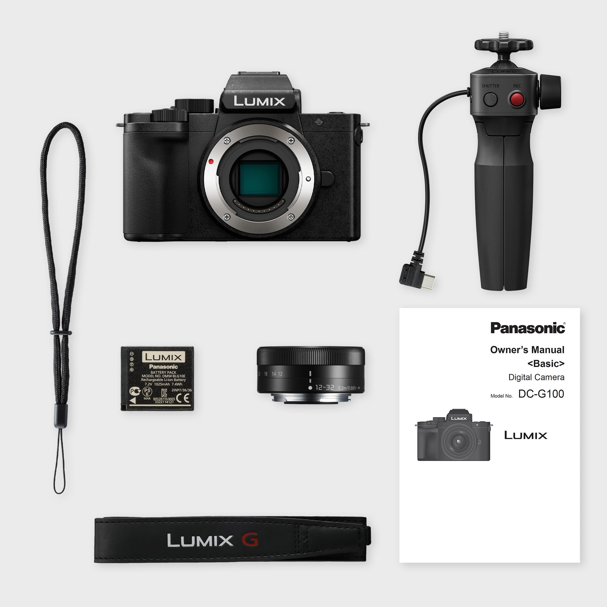 Panasonic Lumix DC-G100DVEGK Cámara Micro Cuatro Tercios sin Espejo con Lente Lumix G Vario 12-32mm F3.5-5.6 y Trípode DMW-SHGR2, 20.3MP, Vídeo 4K 30p/FHD 60, Cámara Vlogging, Carga con USB-C, Negro