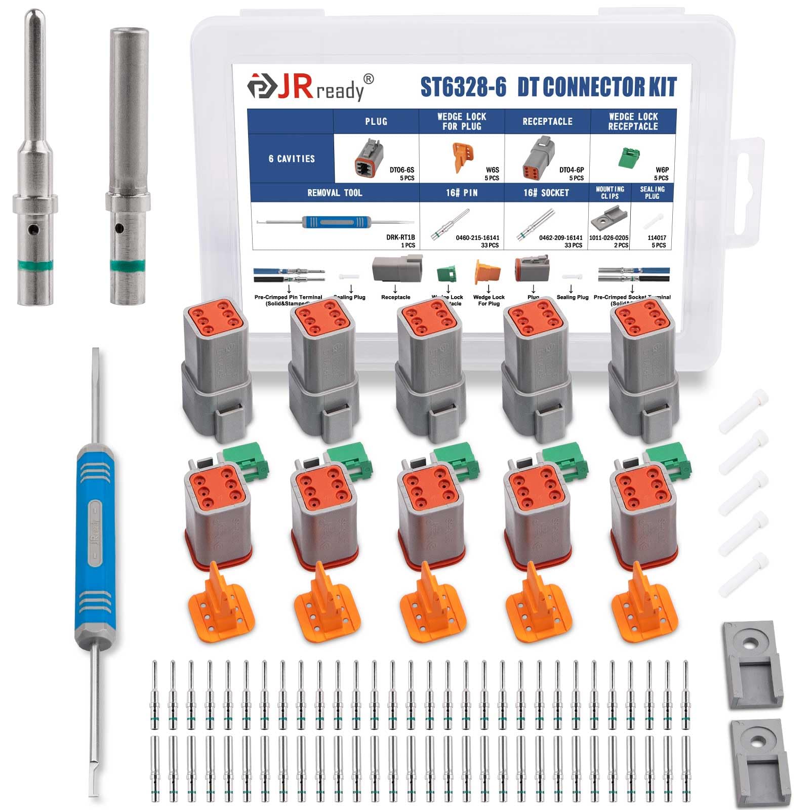 JRready Deutsch Connector 6 Pin Connector Kits with Size 16 Solid Contacts(14-20AWG), ST6328-6 DT Series Waterproof Connector 6 Pin 5 Sets and Deutsch