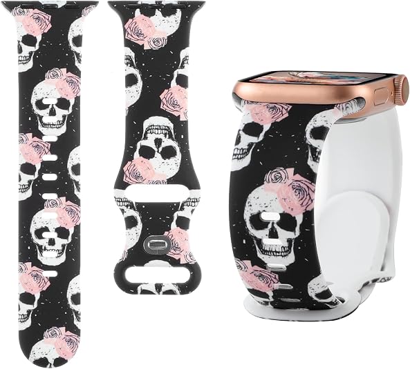 Pattern Printed Silicone Band Compatible with Apple Watch Bands 38 40 41 42 44 45 46 49mm Women Men,Skull Cross Sun Moon Printed Wristband for iWatch Series 11 10 9 8 7 6 5 4 SE/Ultra 3 2 1