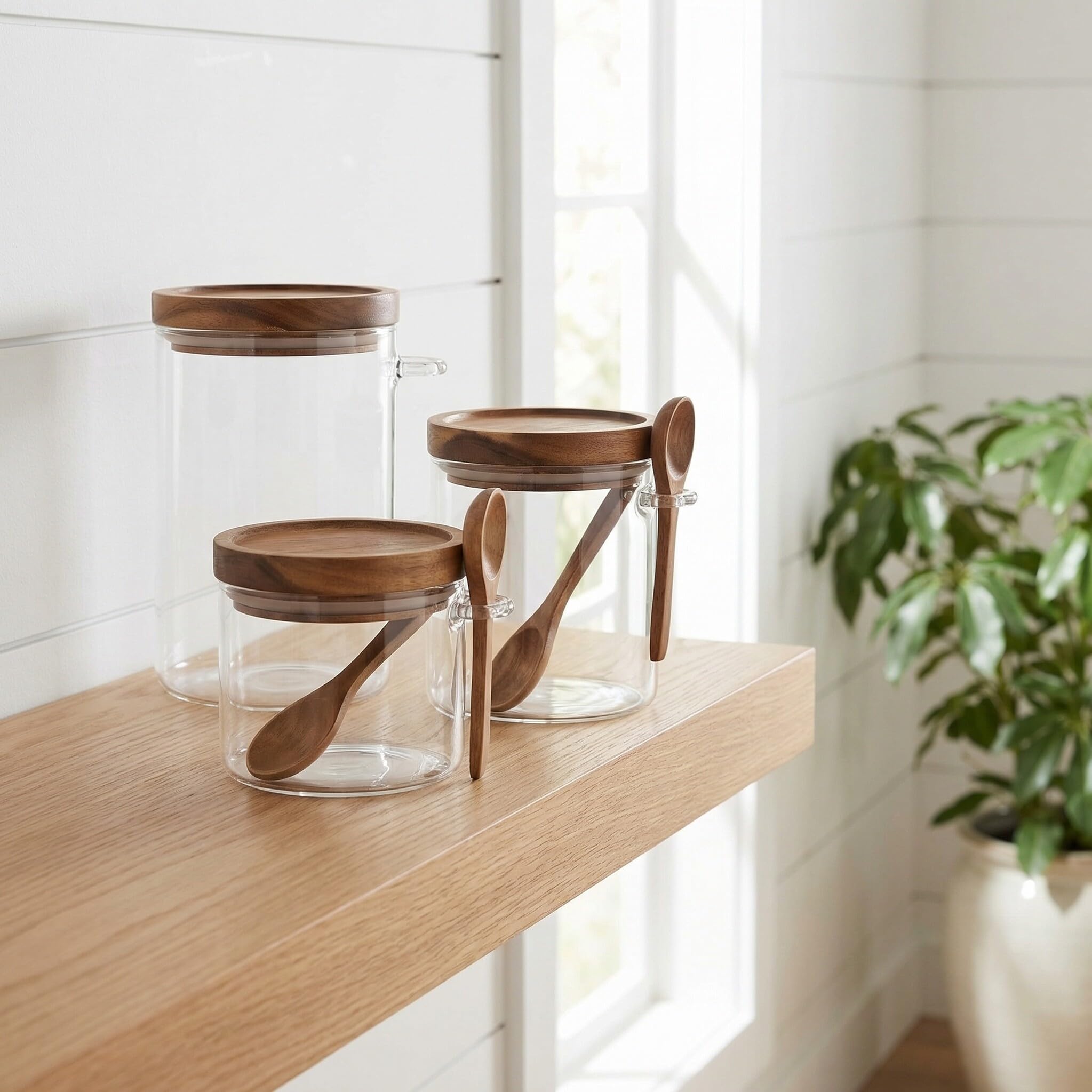 NUOBESTY Juego de 3 Recipientes de Vidrio para Detergente en Polvo con Tapa de Madera y Cuchara Medidora, Capacidad 400ml 600ml 900ml, Contenedores para Lavandería y Almacenamiento