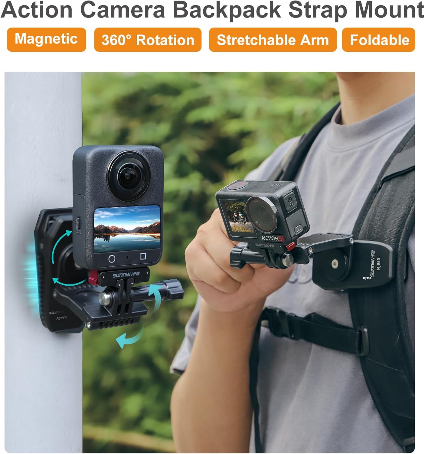 CAPART Magnetic Action Camera Backpack Strap Mount for DJI Osmo 360 Action 5 Pro 4 3 Pocket 3 2, Go Pro Hero 13 12 11, Insta360 Ace Pro 2/1, Foldable Stretchable Arm Extender Tiltable 360° Rotatable