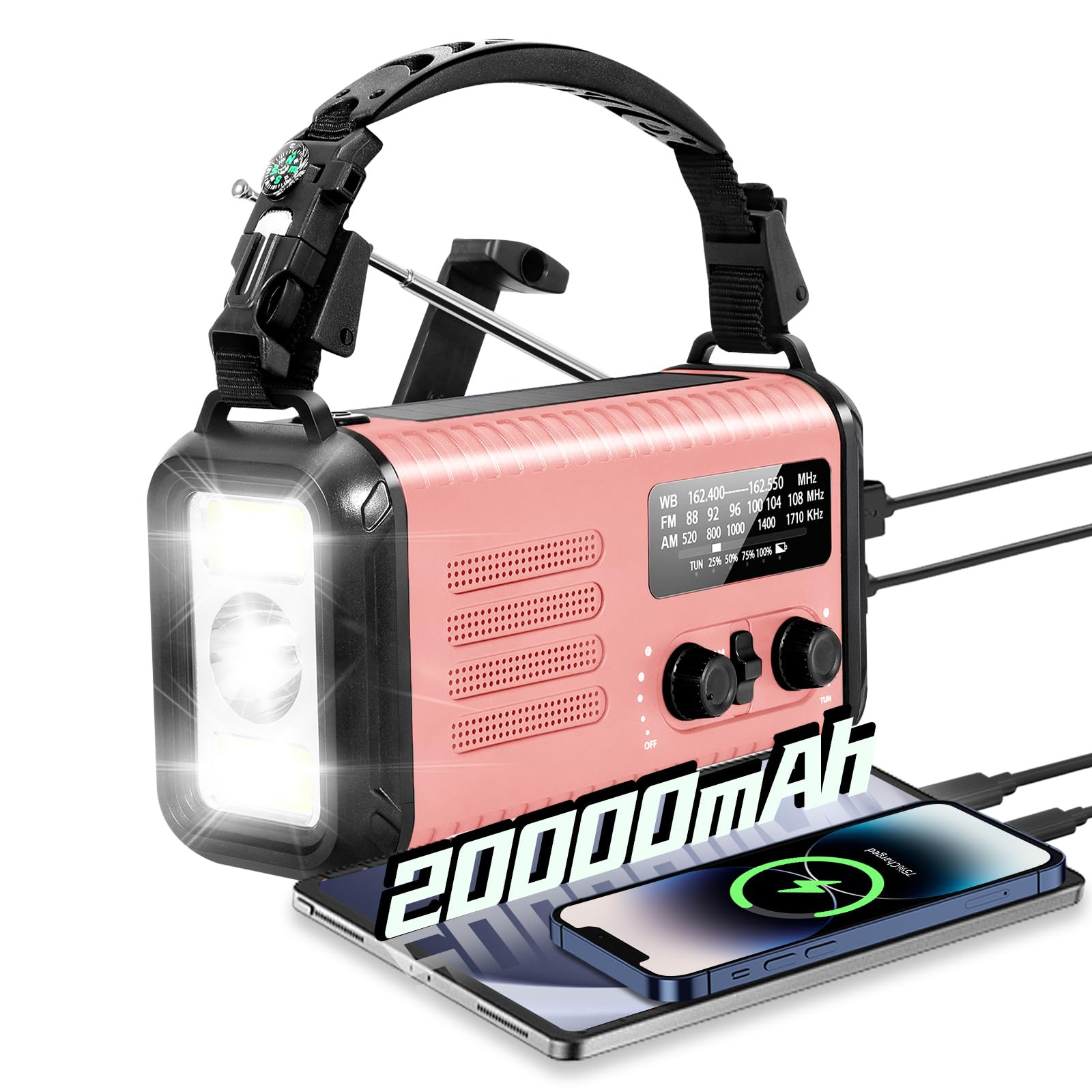 Radio Kurbel de 20000 mAh, radio de notificación solar portátil con amplificador AM/FM, alarma SOS, lámpara de luz LED y lámpara de bolsillo, notificación de caída (Rosa)