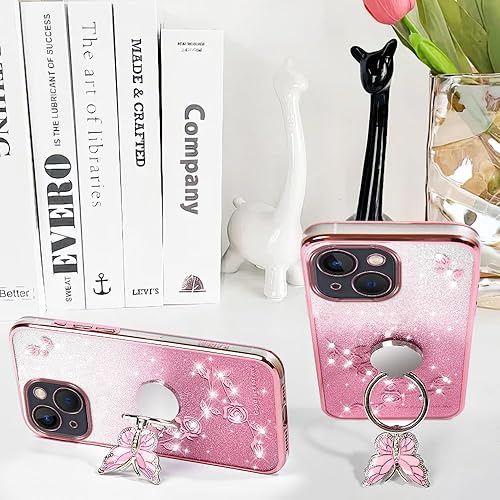 Miniatura 4 de Funda protectora para Apple iPhone 14 (6.1 pulgadas), para mujeres y niñas, funda protectora de TPU con diseño floral de mariposa con purpurina y