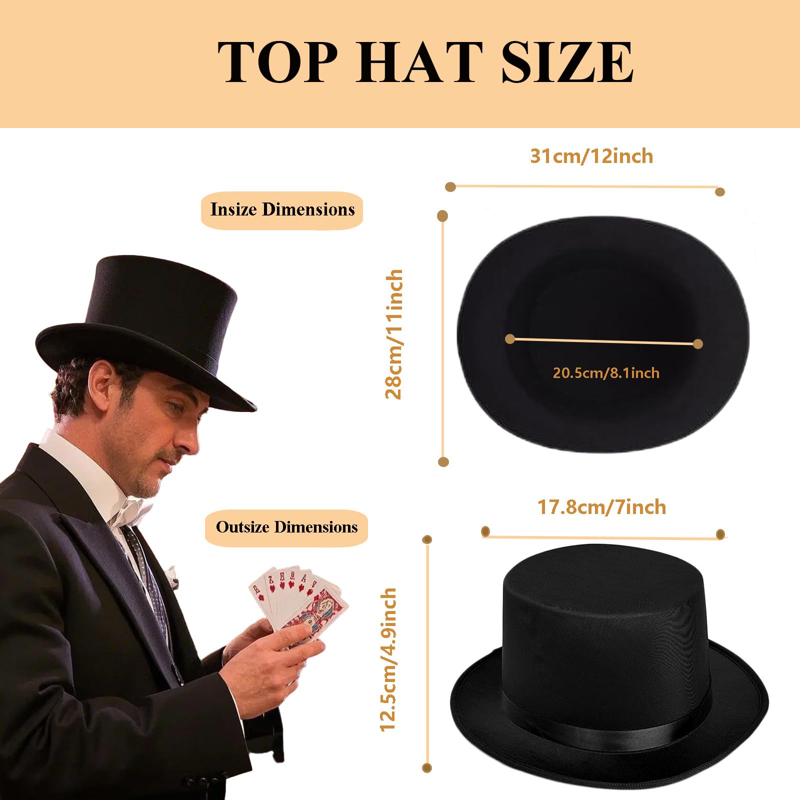 Velorique Top Hat for Men Women Adult, Magician Victorian Pilgrim Theatrical Clown Bowler Tailcoat, Cosplay Costume for Halloween, Mardi Gras, Masquerade (Black)