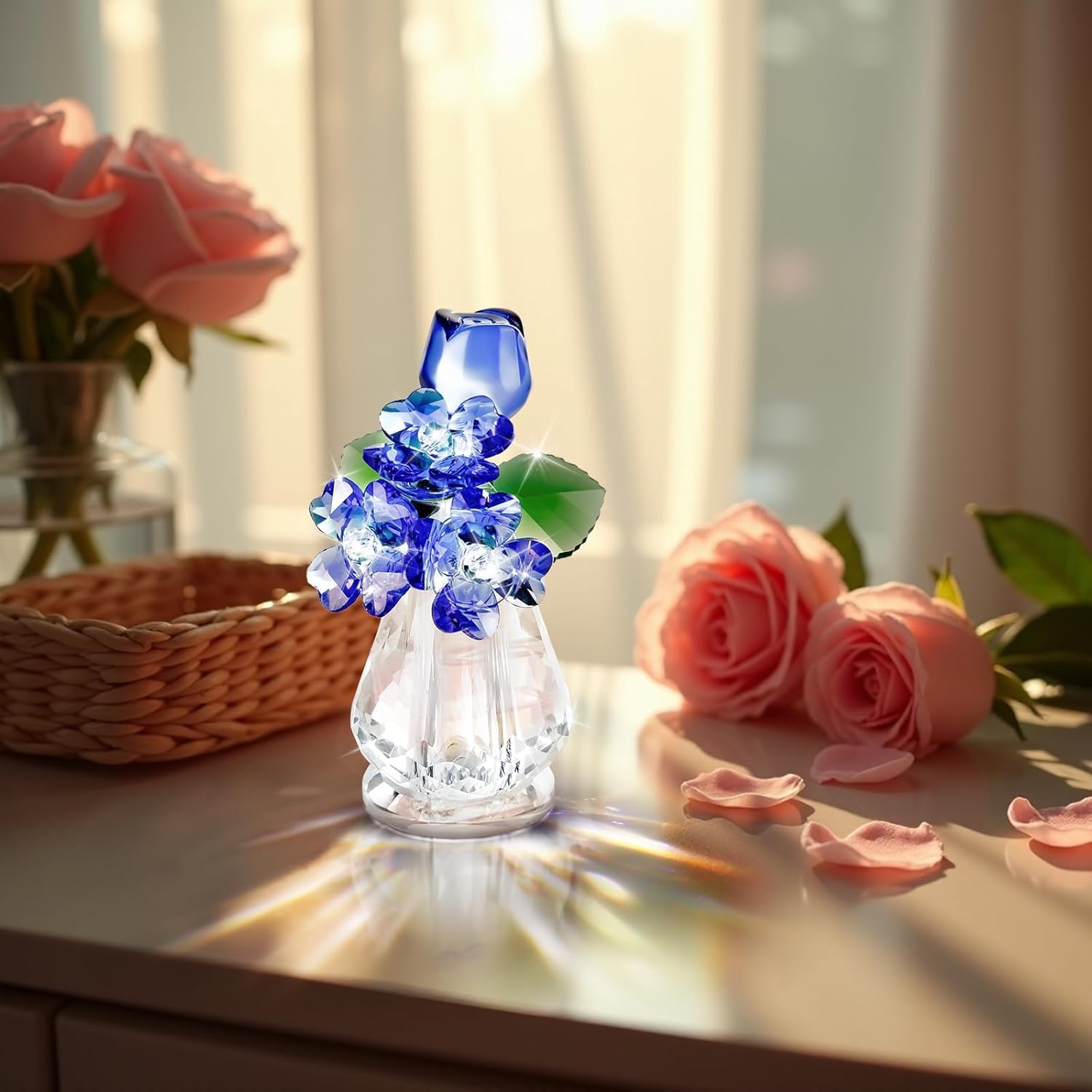 Crystal Rose Flower for Mom, Crystal Flowers Bouquet Figurine Ornament for Wife/Girl Friend Present, Glass Flowers Home Decor Office Table Decoration (Blue) - Image 3