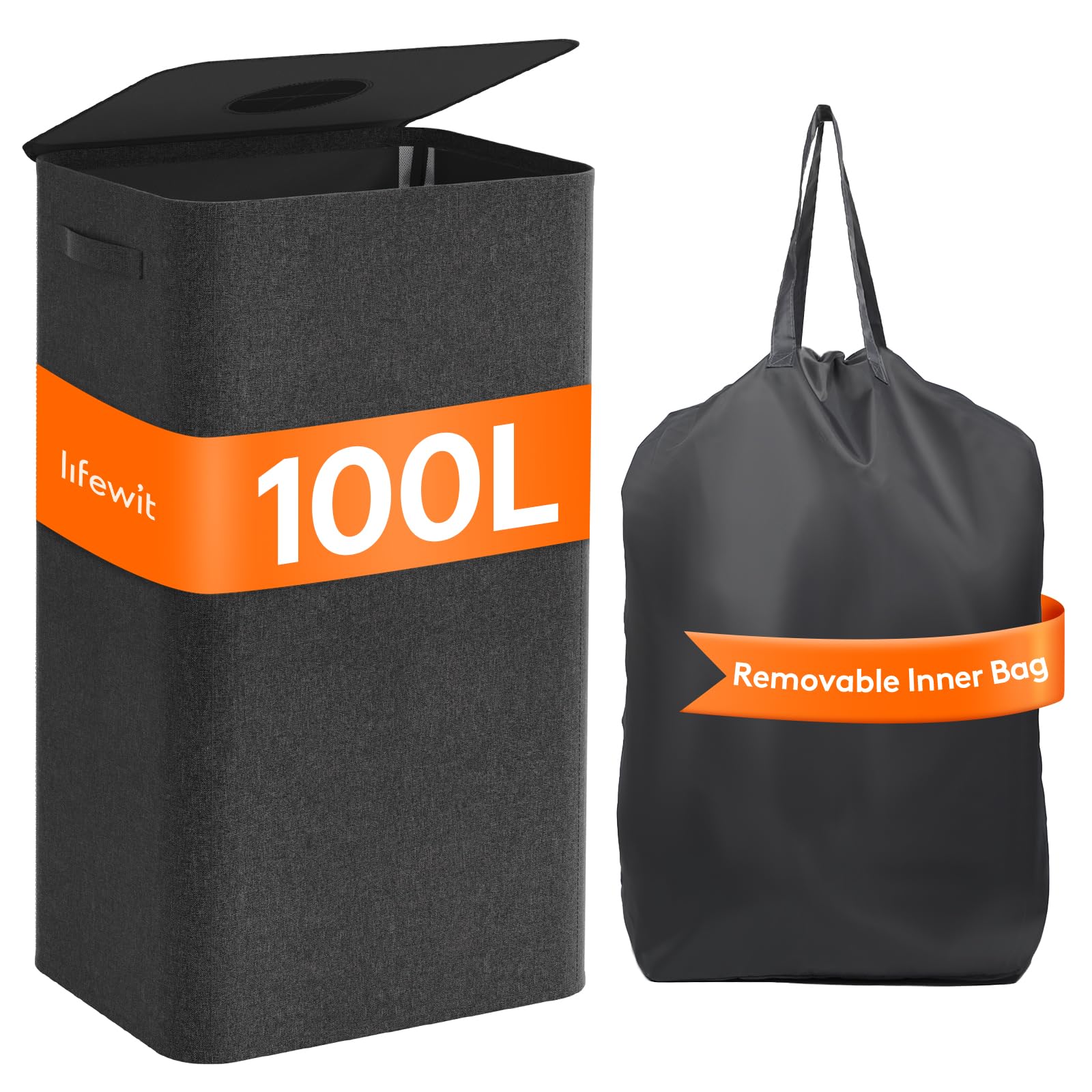 100L Large Laundry Hamper with Lid, Collapsible Laundry Basket with Lid and Reusable Inner Bag, Tall Dirty Clothes Hamper for Laundry Room, Bathroom, Dorm, Bedroom, Black