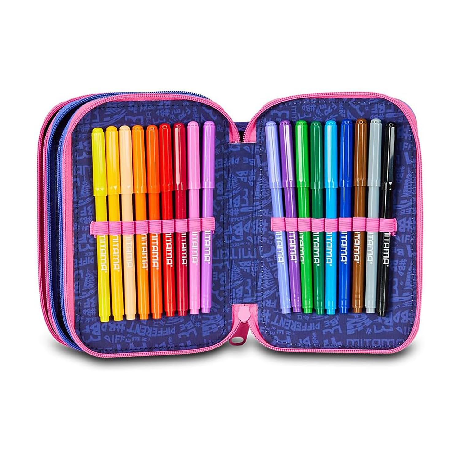 Mitama Astuccio Scuola 3 Scomparti, TRIPLO MAGIC PINK, Contenuto 47 pz, Completo di Matite, Pennarelli, Portapenne Scuola Elementare Bambina, 064512-000