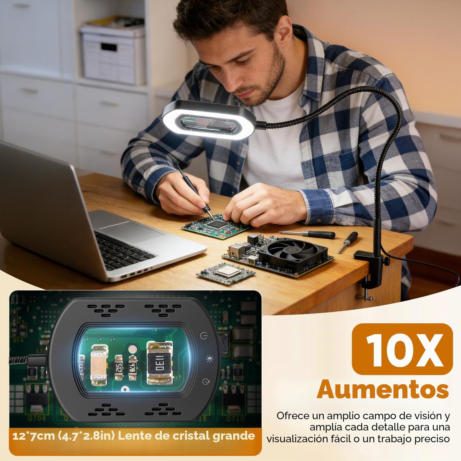 10X Lupa con Luz y Soporte, 3 en 1 Lámpara de Aumento de Piso con 60 LED de Brillo Ajustable, 5 Modos de Color, Lupa Iluminada para Trabajos de Cerca, Costura, Manualidades, Pasatiempos