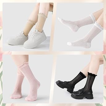 Women's Ruffle Socks, 6 Pairs Thin Sheer Crew Sock Cool Elegant Lace Sock Breathable Mesh Frilly Casual Ankle Socks