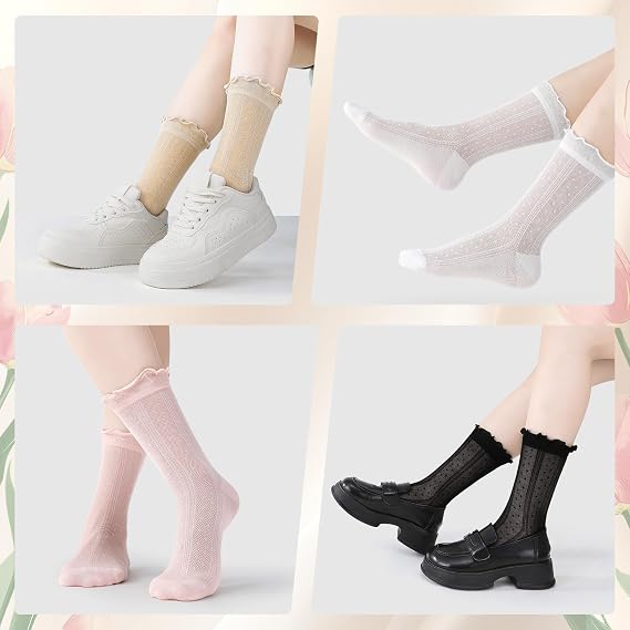 Women's Ruffle Socks, 6 Pairs Thin Sheer Crew Sock Cool Elegant Lace Sock Breathable Mesh Frilly Casual Ankle Socks