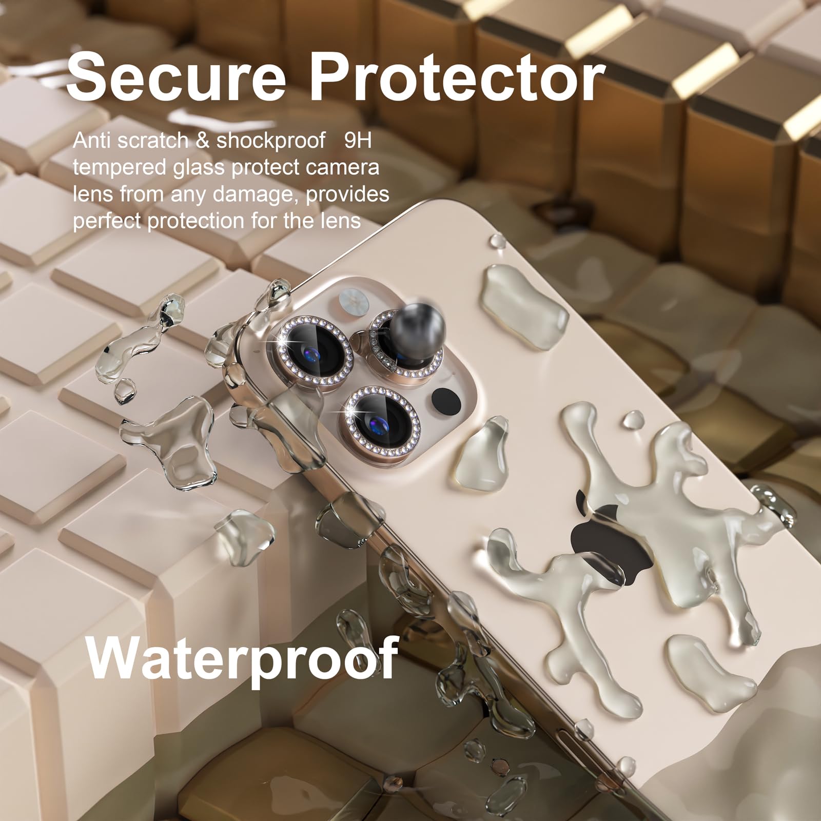 Misea Protector de lente de cámara compatible con iPhone 16 Pro/iPhone 16 Pro Max, protector de pantalla de vidrio templado 9H, accesorios de anillo individual de metal, diamante de titanio desierto