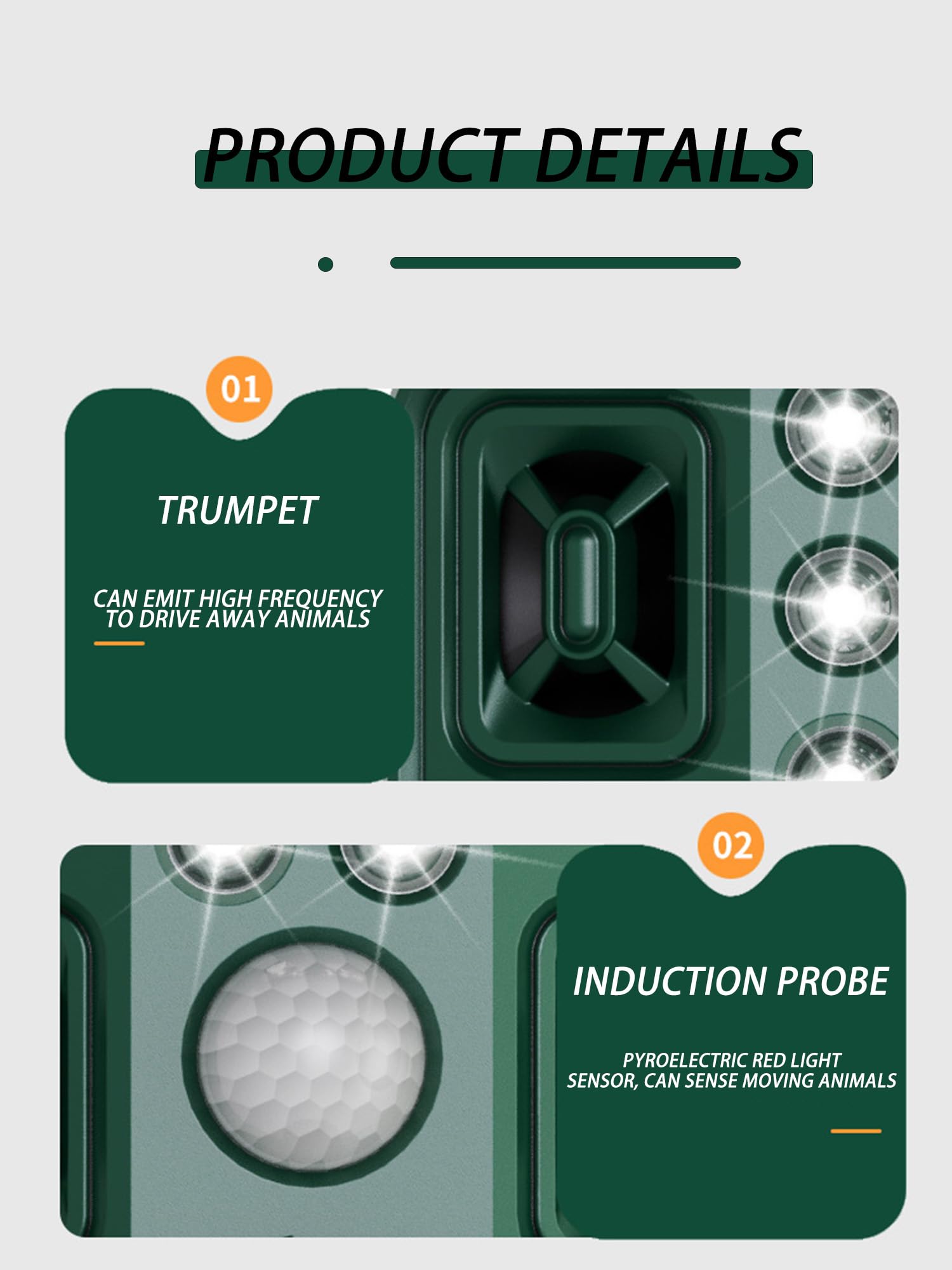 Répulsif pour animaux avec charge solaire, capteur de lumière rouge, lampe torche LED, 4 niveaux réglables, portée de 8 à 12 mètres pour éloigner les vergers, les cours, les villas, les fermes