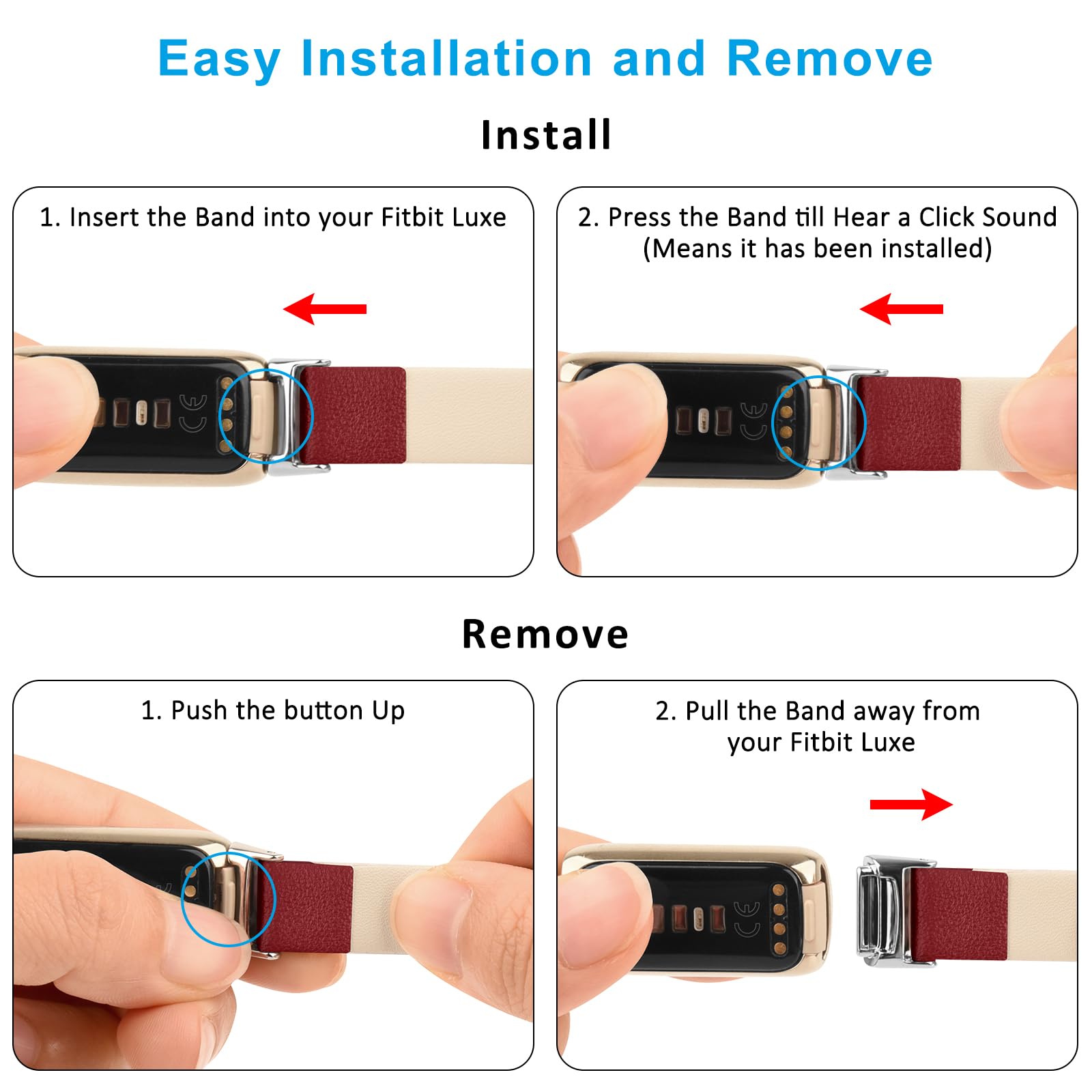 Mugust Straps Compatible with Fitbit Luxe Leather Strap for Women Men Leather Adjustable Sport Replacement Wrist Bands for Fitbit Luxe Only (Red) - Image 3