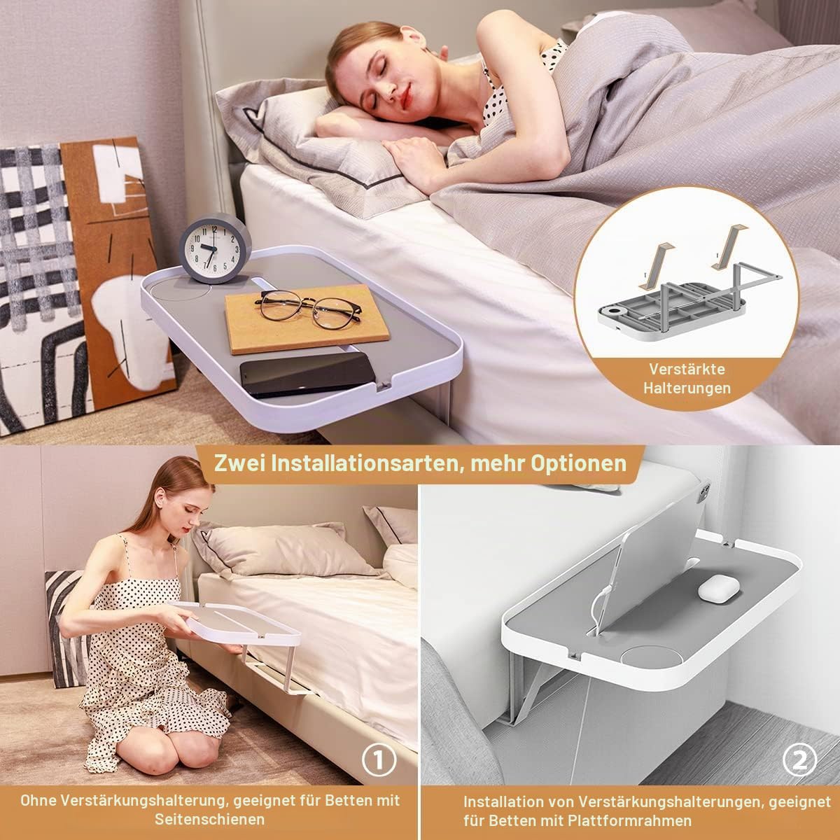 KIWIFOTOS Nachttischablage für Bett ohne Seitenrahmen, Nachttisch-Tablett für Plattformbett mit Getränkehalter, Kable-Organizer, stummes Design (Model L)