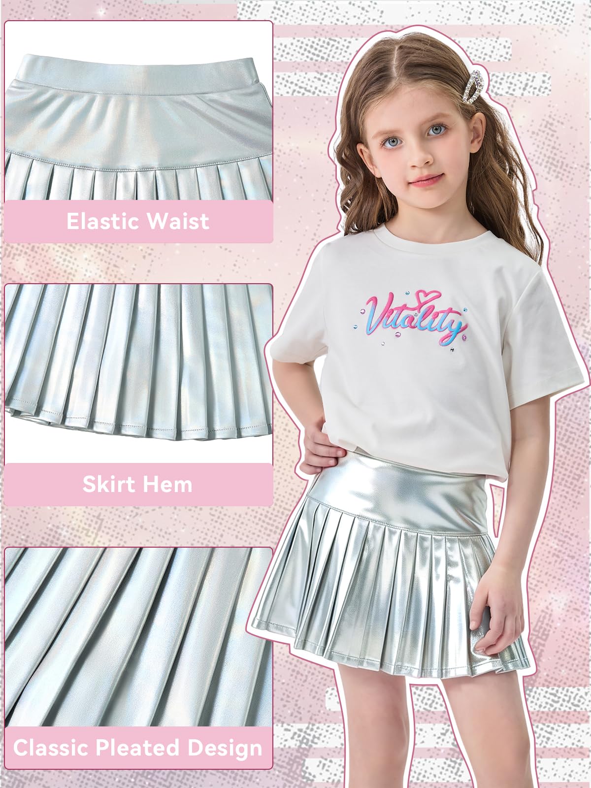 Miipat Falda Plisada Metalizada para Niña, Faldas Infantil Brillantes Cintura Alta Elástica Minifaldas Pantalón con Forro y Bolsillo para Baile Tenis Festa