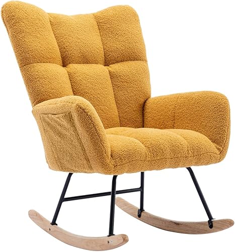 Mecedora moderna para guardería, silla mecedora tapizada de tela de peluche con base de madera maciza, cómodo sillón con respaldo de ala para