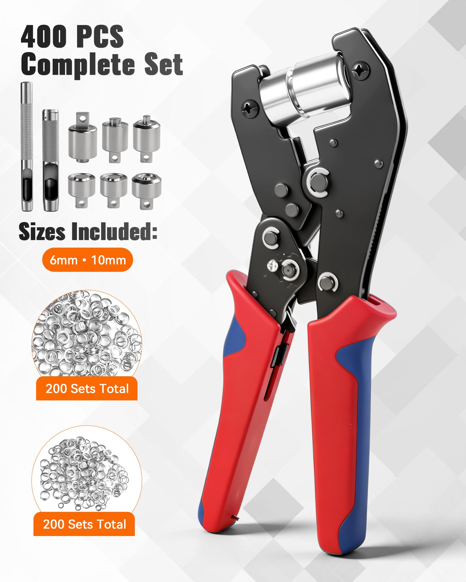 Kit di pinze per occhielli con inserti intercambiabili, pinza per fori con scatola e 400 occhielli (diametro 6/10 mm, 200 pezzi ciascuno), strumento per occhielli a mano per teloni, PVC, pelle