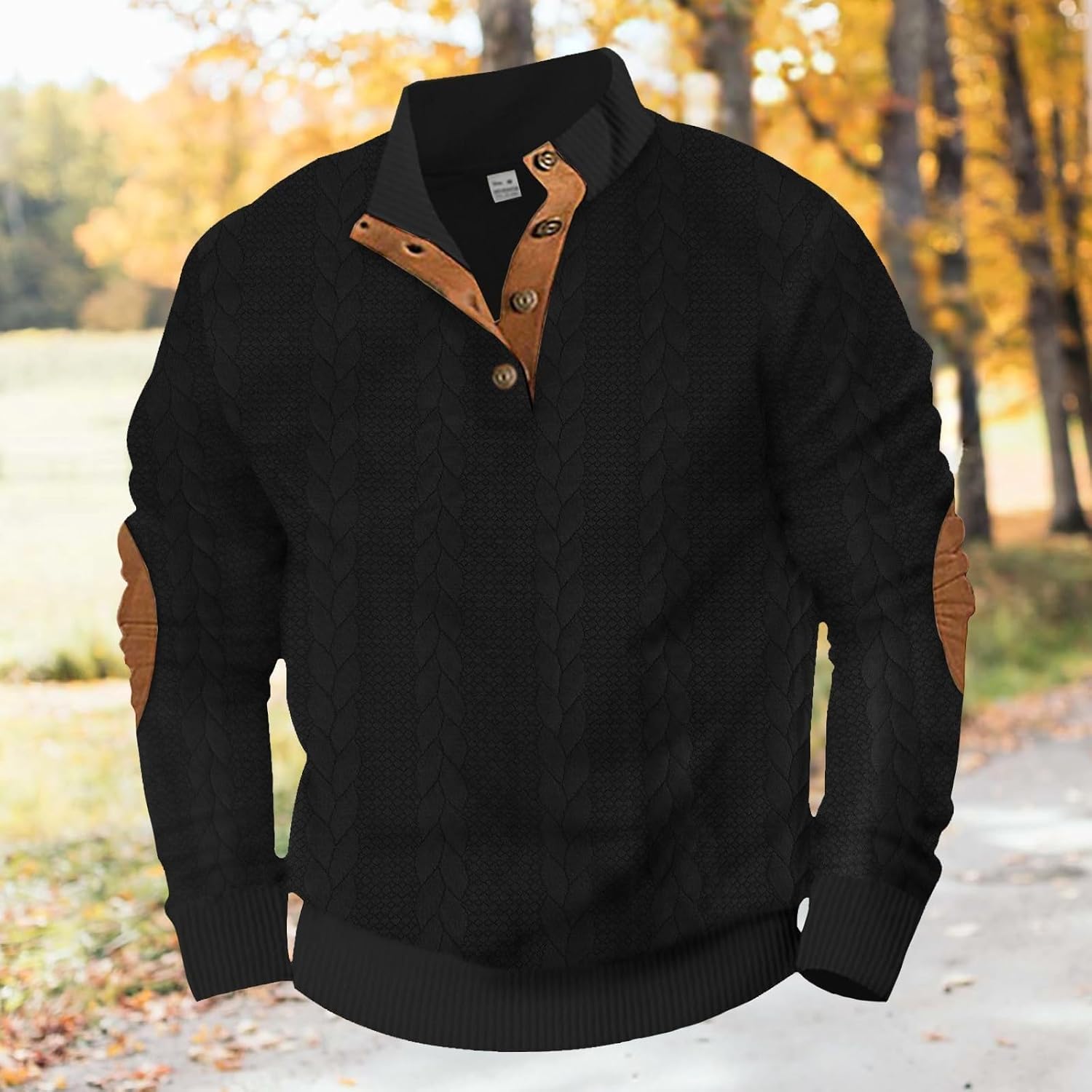 LOAIHA Mens Quarter Button Pullover Quilted Sweatshirt Casual Cable Knit Stand Collar Long Sleeve Elbow Patches Sweatshirts