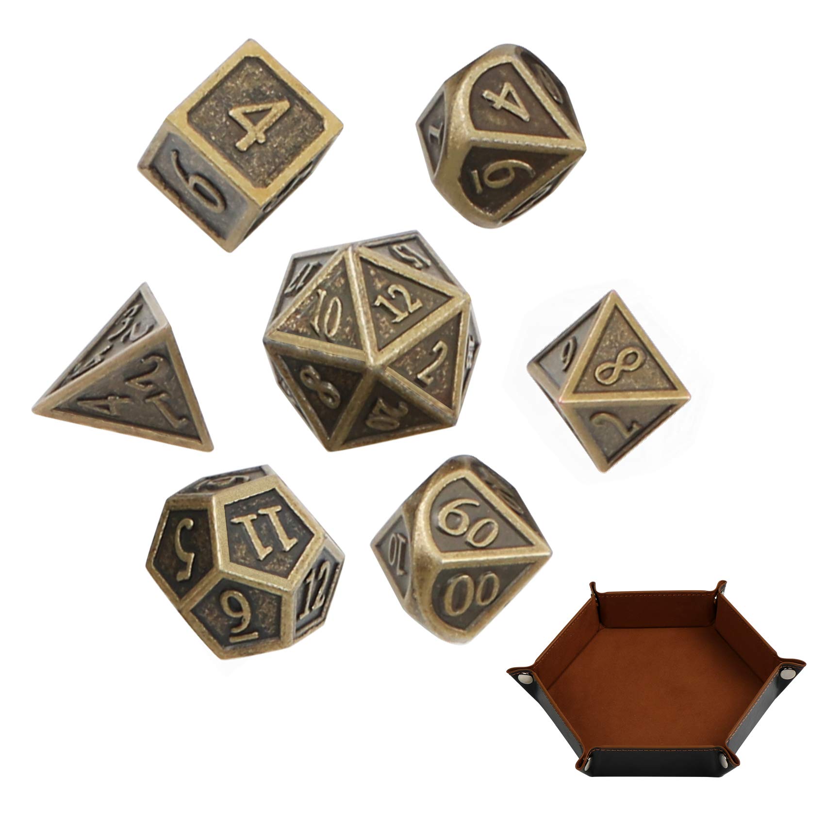Metal DND Dice Set D&D, Brass DND Metal Dice with Metal Brass Box for Table Games Dungeons and Dragons D&D, Ancient Design Dice 7PCS of D20 D12 D10 D8 D6 D4 for Dungeons and Dragons TTRPG Games