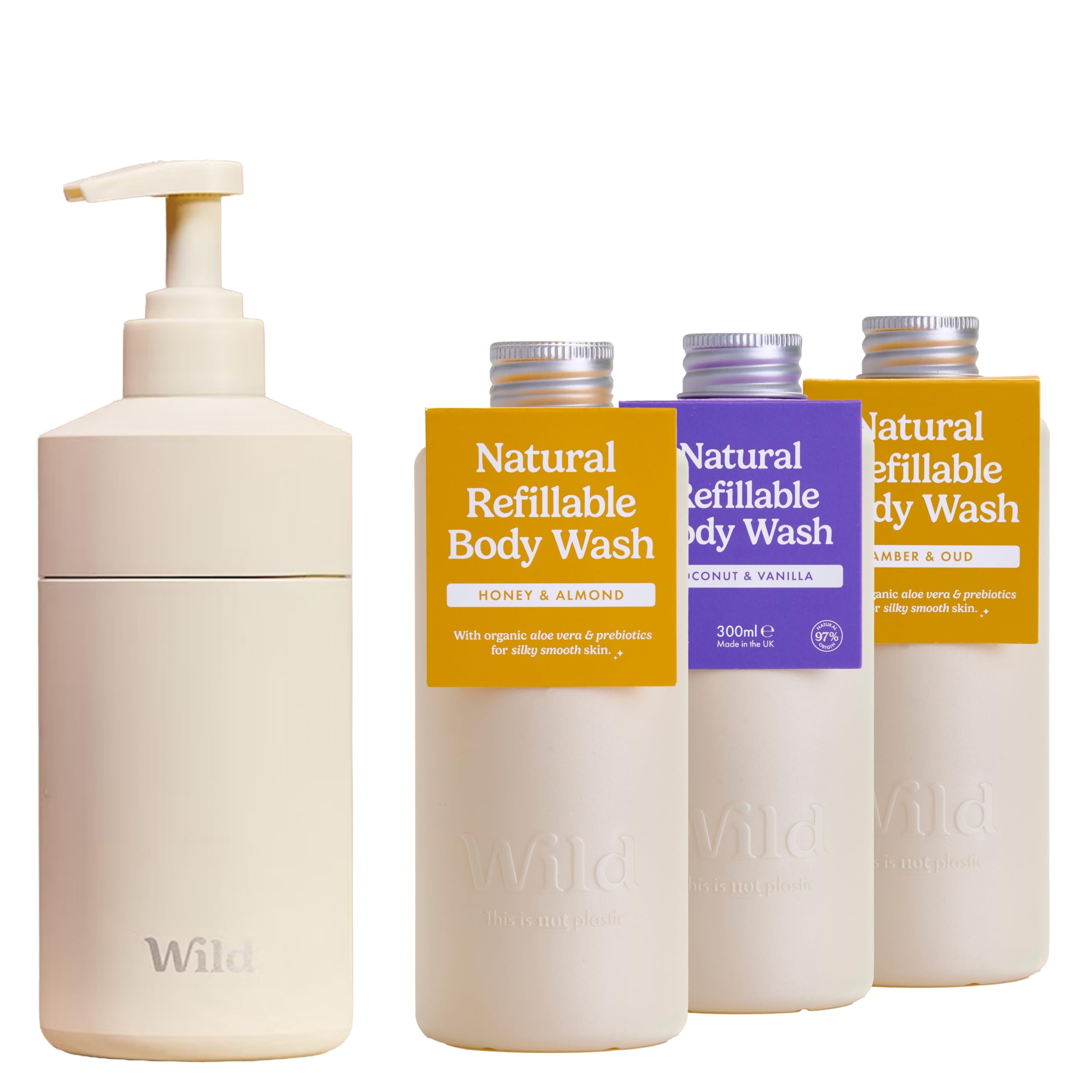 Wild Kit de inicio de gel de baño recargable - Carcasa de aluminio color marfil y 3 recambios en varios aromas - 95% ingredientes naturales - Aromas Coconut & Vanilla Honey & Almond y Amber & Oud