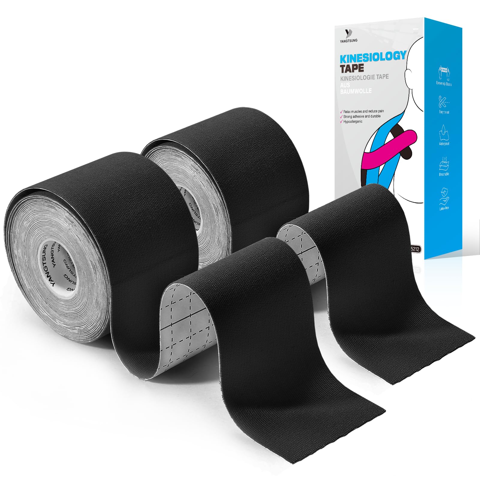 YANGTSUNG Kinesiology Tape, 5 m x 5 cm Waterproof & Hyopallergenic Kinetic Sports Tape for Shoulder, Knee, Ankle Shin Splints Support, Physio & Sports Injury Muscle Tape, Black