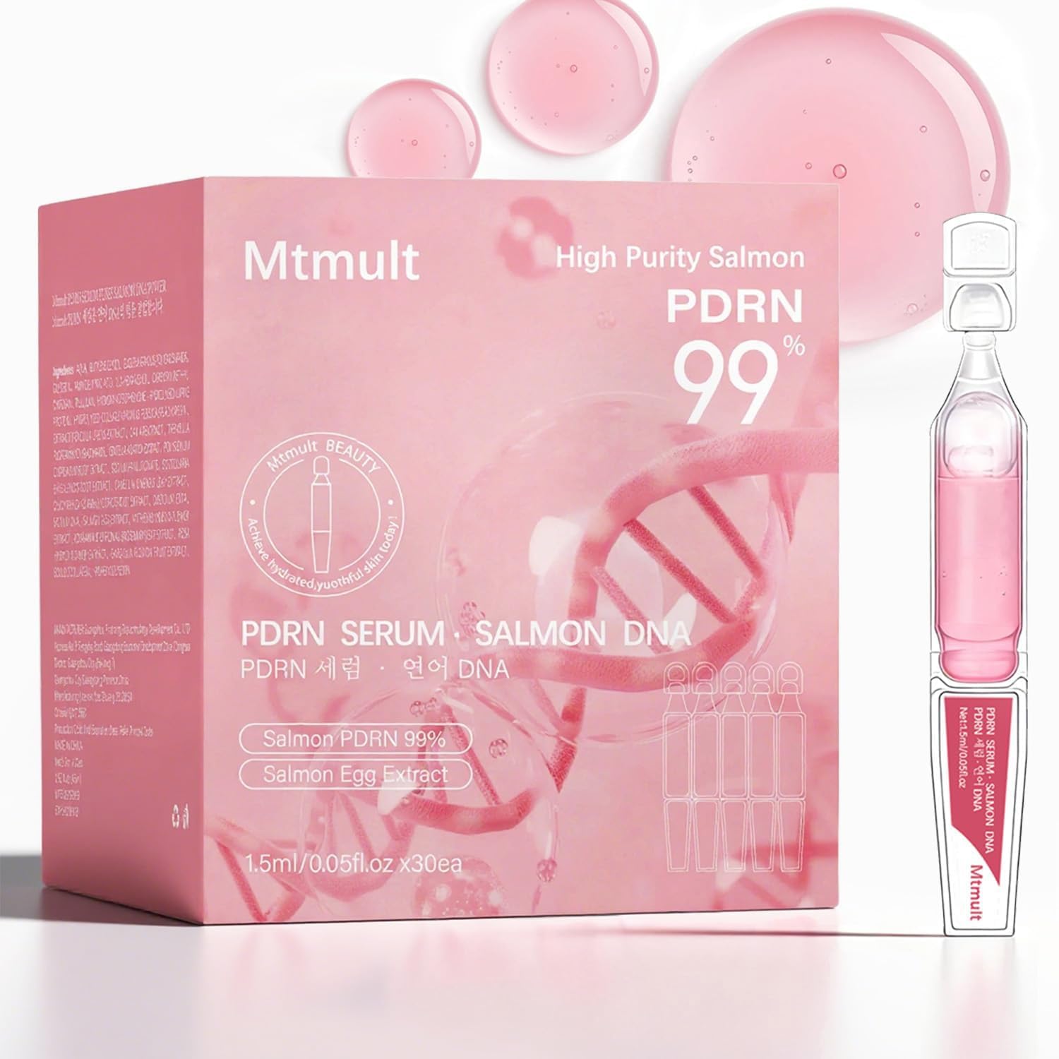 Mtmult Salmon DNA PDRN Serum - PDRN Salmon DNA Anti-Aging Ampoule with 99% Salmon DNA PDRN, Collagen & Hyaluronic Acid, 0.05 fl.oz x 30e, Firming & Moisturizing - Fuses Salmon DNA Power
