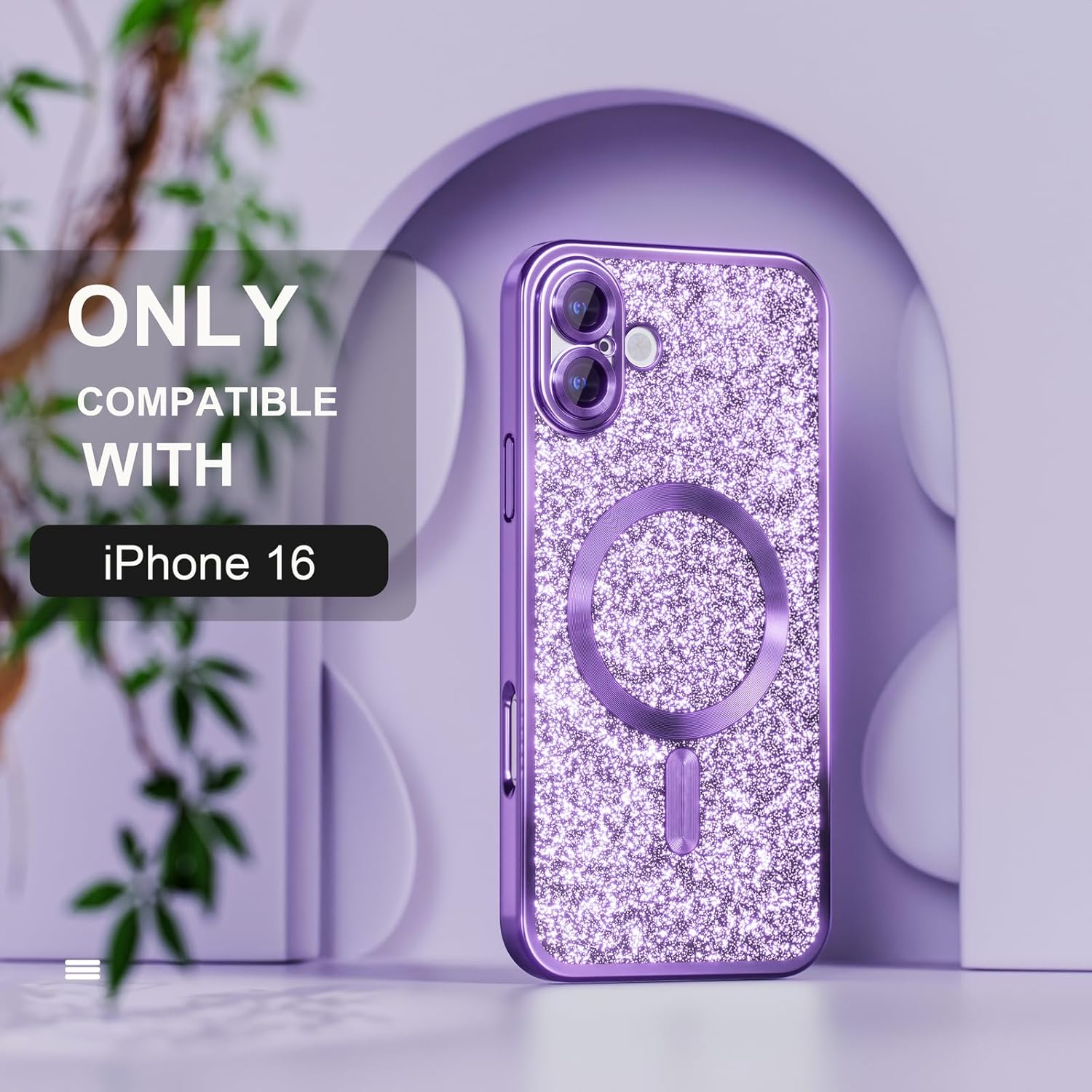 Misea Magnetic for iPhone 16 Case Compatible with MagSafe [Military Grade Drop Protection] Full Camera Lens Protector Plating Glitter Soft Phone Case for Women Girls 6.1 inch, Purple Glitter Purple For iPhone 16
