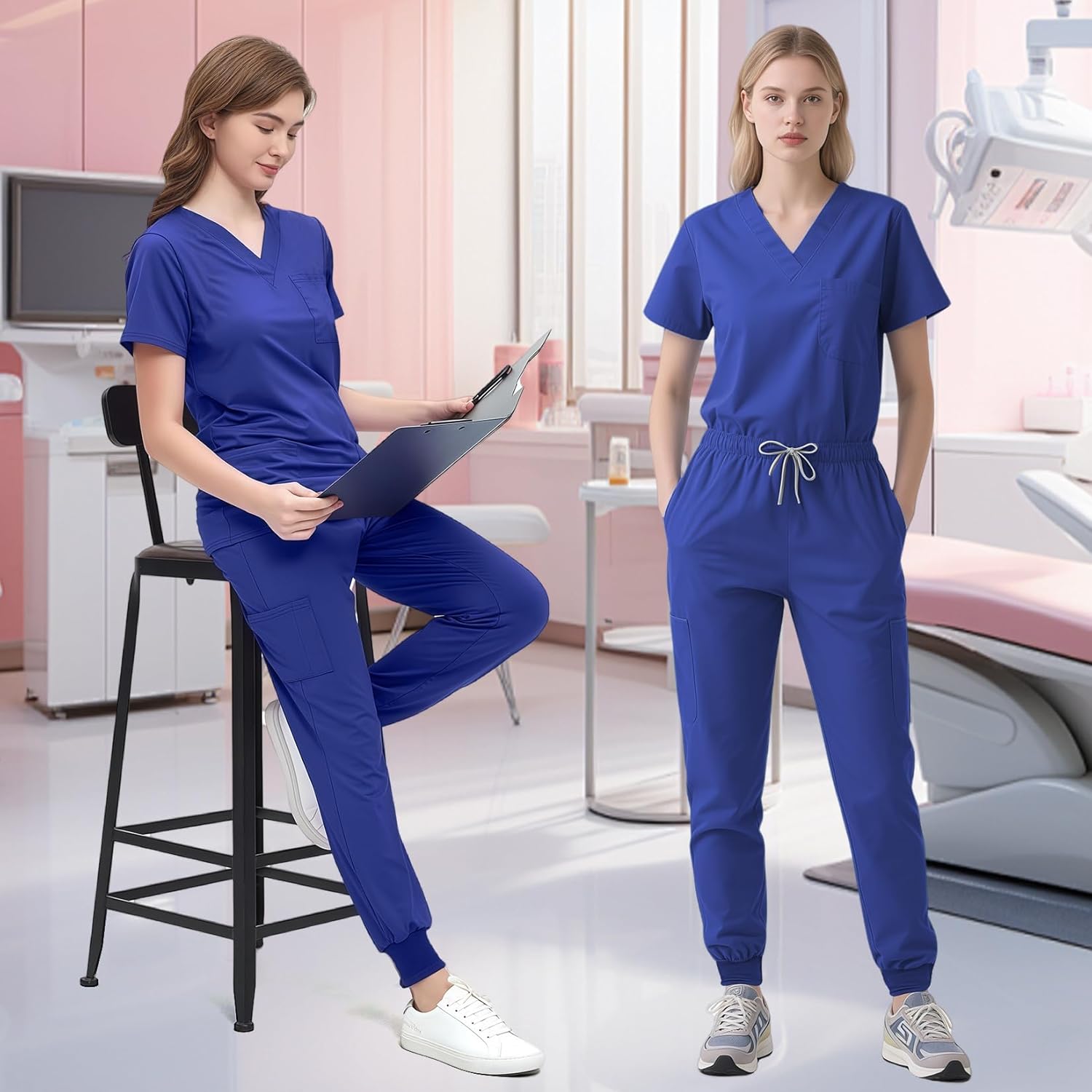 Jogging Scrubs Set for Women,Soft and Stretchy Nurse Uniform V-Neck Top and Yoga Jogger Pants with Multi Pocket - Image 5