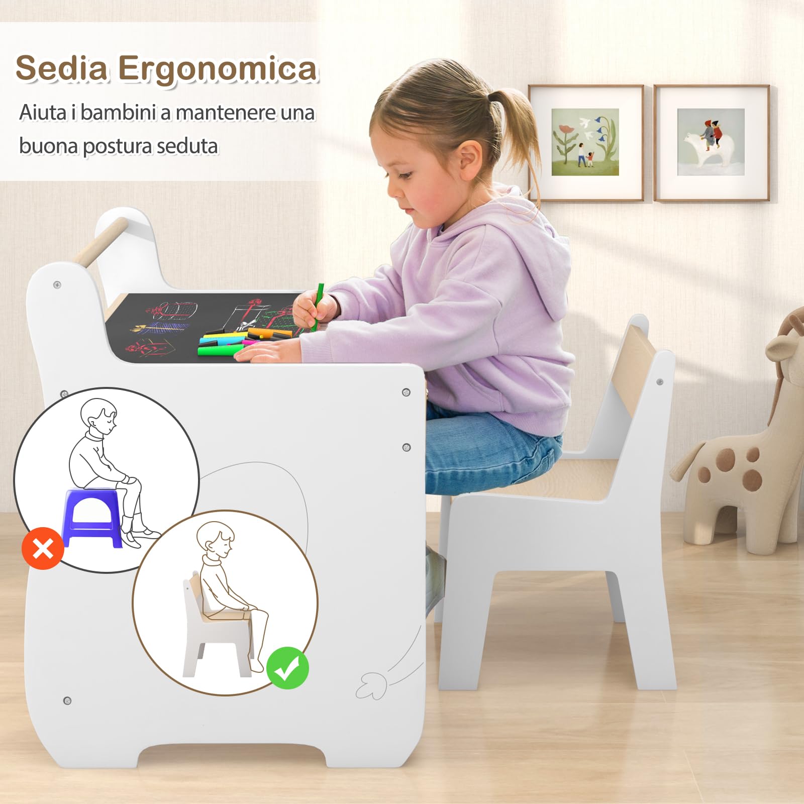 RELAX4LIFE Juego de mesa y silla 2 en 1 para niños, escritorio de madera con tablero extraíble de doble cara, amplio espacio de almacenamiento, diseño multifuncional para habitación de los niños