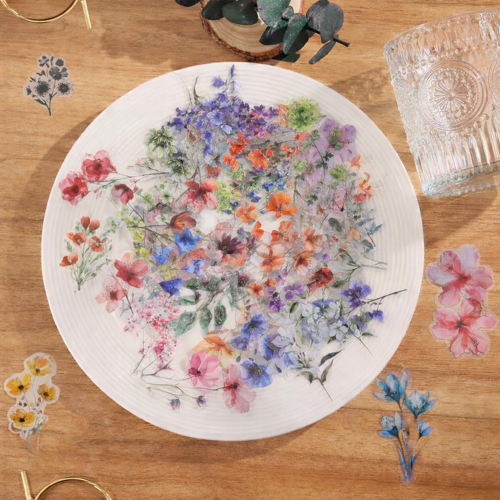 S.A.V.I Floral Transparent PET Stickers – 50 Sheets | Waterproof Matte UV | Multicolour Botanical Flowers (3–6 cm) | DIY Decor for Glass Cups, Bottles, Phone Covers, Journals & Crafts-image-43