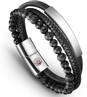 Mens Leather Bracelet – Classic Handmade Braided Black & Brown Cuff Bracelet with Engraved Magnetic Clasp Free Jewelry Gift Boxed