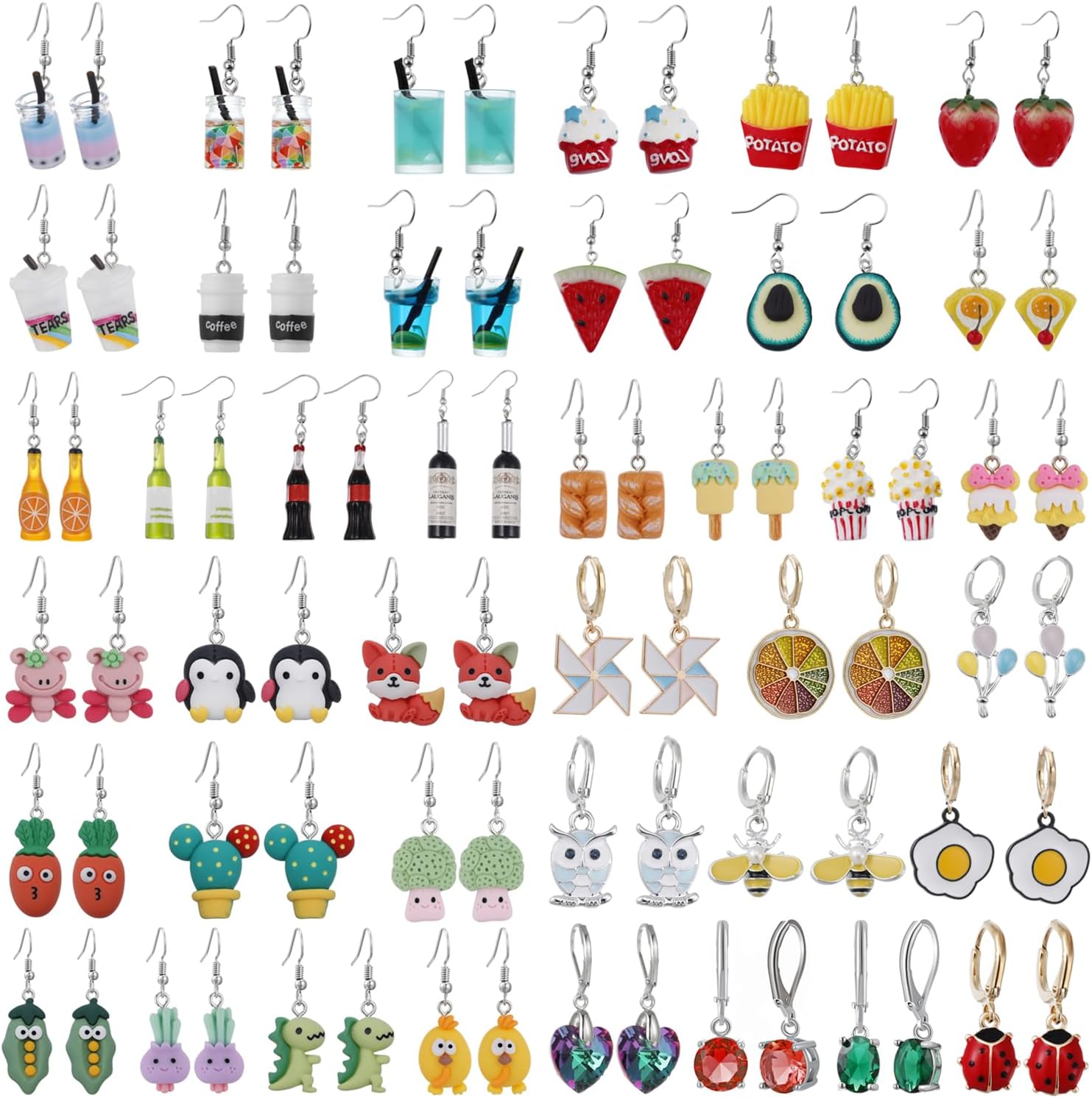 20 Pairs Random Mixed Resin Acrylic Earrings Set, Weird Dangle Drop Drink Bottle Animal Pendant Charms Earring, Handmade Funny Statement Unique Fashion Hoop Earring Jewelry for Women Girls
