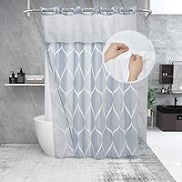 Vista 45 de Juego de cortina de ducha blanca sin gancho con forro de tela a presión, estilo hotel con ventana superior de malla transparente, diseño geométrico